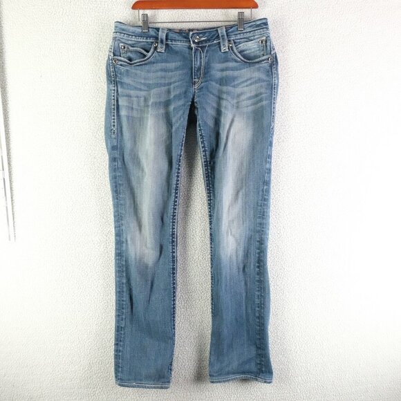 Rock Revival Jeans Mens 31x32  Straight Blue Stone Wash Whiskers Rhinestones - Picture 1 of 13